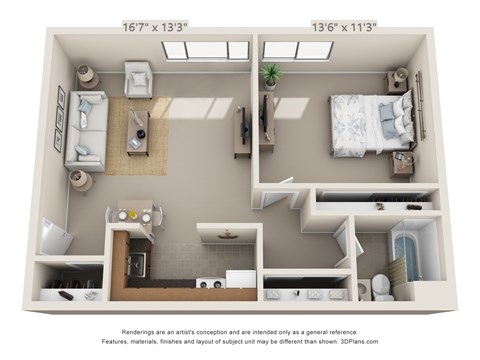 This is a 3D floor plan of a 549 square foot 1 bedroom, 1 bath apartment at Romaine Court Apartments in Cincinnati, OH.